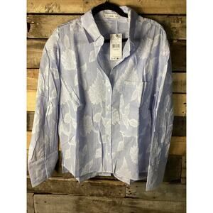 Mango Women’s LS Blue And White Pin Stripe Button Up Blouse With Floral size L